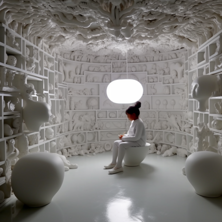 AI generated image of a person sitting in a room alone with walls lined with white sculptures.