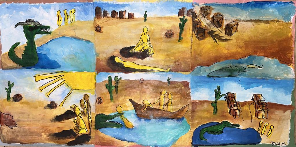 The six images are painted in a dreamlike, impressionistic style, showing an alligator and/or multiple figures in a scene with desert qualities and a bodies of water, and in some images a boat, the sun, and various structures.