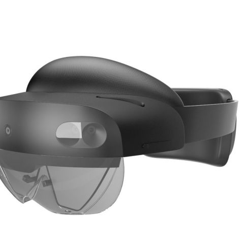 The hololens 2 is a mixed reality headset with a pronounced visor, a squat and square back head-brace, and a banded pair of pronunced cameras that exagerrate the user's brow;