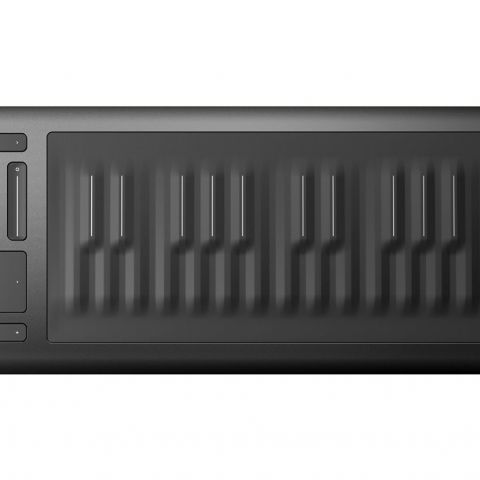 Piano keyboard shaped Roli Seaboard Rise with continuous gel surface.
