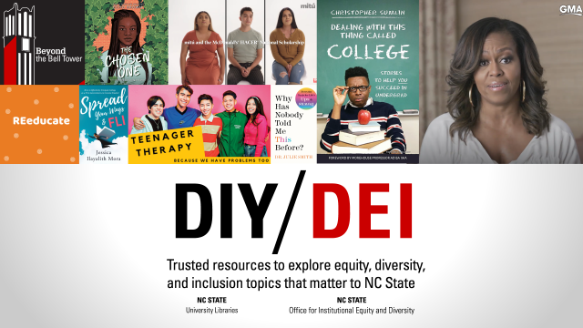 A collage of book covers and images with the DIY/DEI logo