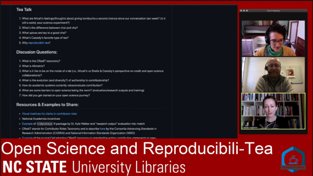 A screen showing the repository of open science topics with three people in conversation to the right.