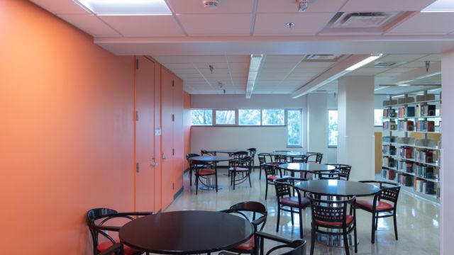 Grouping of circular tables with fours chairs each along orange wall with bookshelves on the right and windows in the opposite wall.