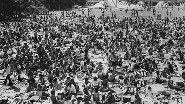 Large field of people listening to live music (black and white photo)