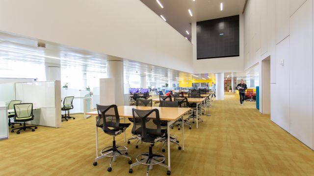 A set of tables and high chairs in the Learning Commons at the Hunt Library