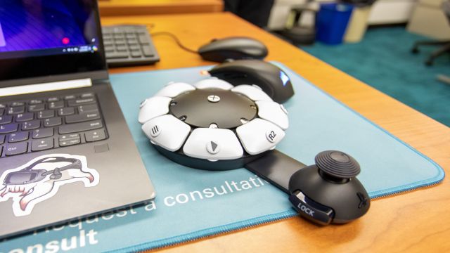 Close-up of a unique input device for VR and virtual environments focused on accessibility 