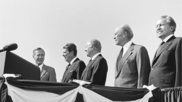 Presidents George H.W. Bush, Ronald Reagan, Jimmy Carter, Gerald Ford, and Richard Nixon