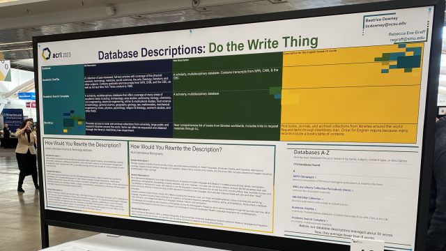 an image of a poster on a stand with the title, Database Descriptions: Do the Write Thing