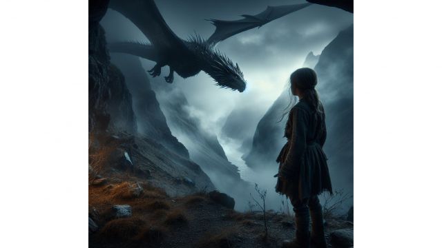 AI generated image of a girl overlooking a mountain scene with a dragon flying overhead.