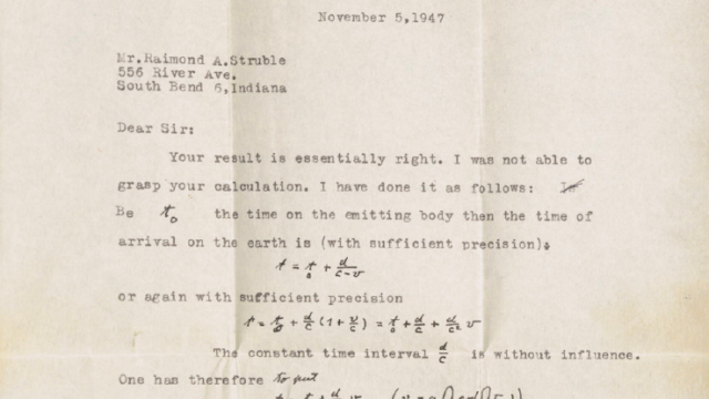 Letter from Einstein to Raimond Struble.  Letter is mostly typed but includes handwritten equations and Einstein's signature.