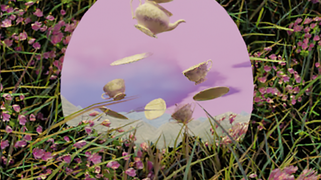 A mirror sits pointing upward in a field of green grass and pink flowers. In the mirror is a white porcelain tea set floating in air, its pieces off-kilter.