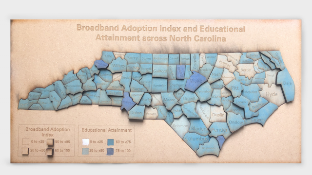 Map of the counties of North Carolina. Counties are raised in height to denote broadband access, and are color-coded to denote education attainment