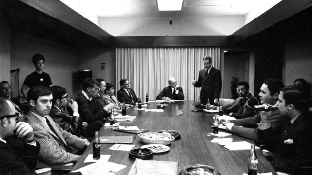 Liaison meeting of the administration, the faculty senate, and the student government (including Eric N. Moore), 1968-1969