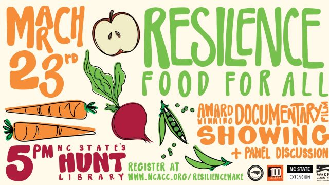 Announcement for "Resilience: Food for All" film screening on March 23.