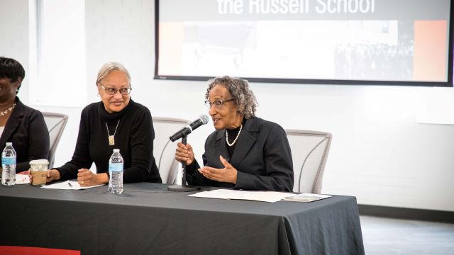 Picture showing Ms. Betty Pearley discussing her time at the Russell School