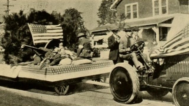 Rehabilitation student float in the NC State College Agriculture Parade, Oct. 1924.  After World War I, the college trained and educated hundreds of disabled veterans.  Photo from 1925 Agromeck yearbook.