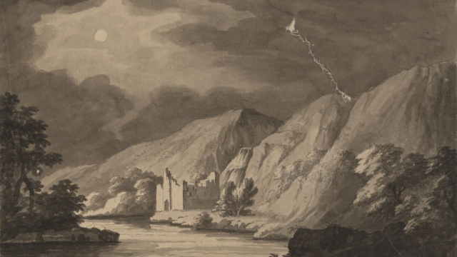 An pen and wash illustration of a mountainous landscape. A river flows through the foreground and background, cutting through wooded areas and the mountains. A ruined castle with no roof takes center-left of the frame. The sky is cloudy and there is a full moon, with a lightning strike coming down from the sky.