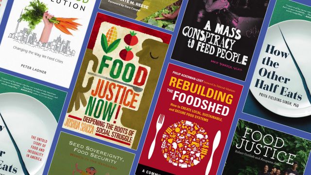 Collage of books, including Food Justice Now