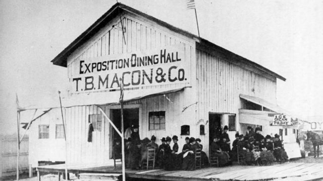 This dining hall was set up for the North Carolina Exposition of 1884, which highlighted the state's progress in agriculture and industry.