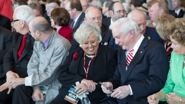 Susan Nutter, Vice Provost and Director of the NCSU Libraries (center), with Hunt Library namesake James B. (Jim) Hunt Jr. at the Hunt Library Dedication, April 3, 2013.