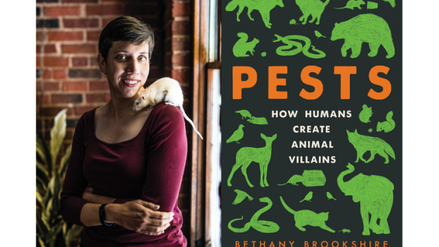 Author photo of Bethany Brookshire and cover of her book "Pests: How Humans Create Animal Villains." Author photo: Lancer Photography, 2022. All rights reserved.