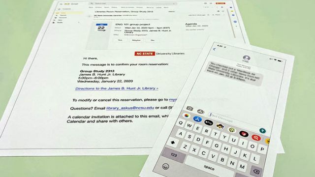 Printed-out prototype of an email in Gmail and a text message on an iPhone