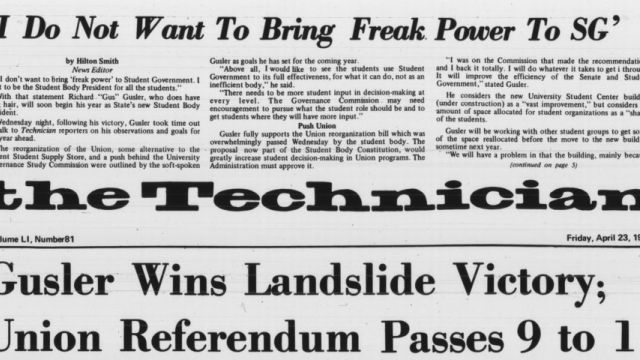 Headline of NC State's Student Government election results, 23 April 1971 