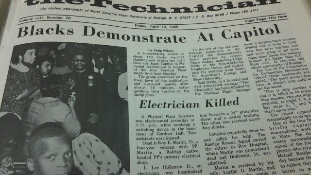The Technician student newspaper covered protests supporting African American facilities employees during the spring of 1969.