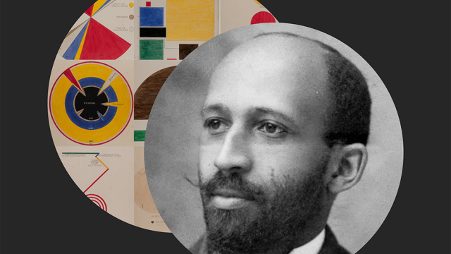A photo of W.E.B. Du Bois against a colorful illustrated backdrop