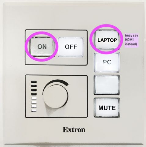 Wall panel with On button (circled, top left), Off button, Laptop button (circled, top right, may also say HDMI), and other buttons below