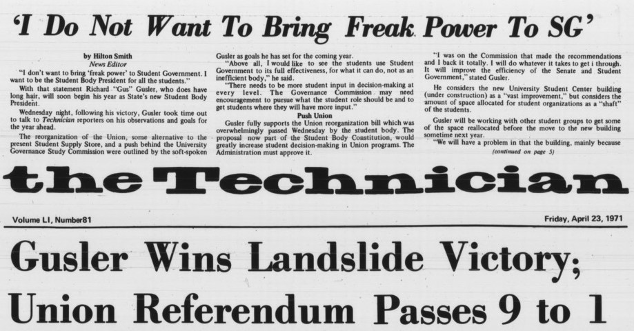 Headline of NC State's Student Government election results, 23 April 1971 
