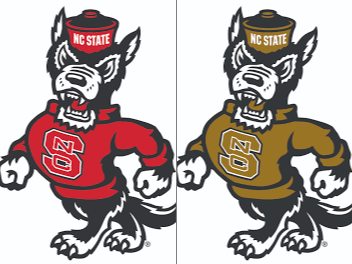 Two side by side images of Tuffy, the Wolfpack mascot; one on right as perceived by individuals with colorblindness
