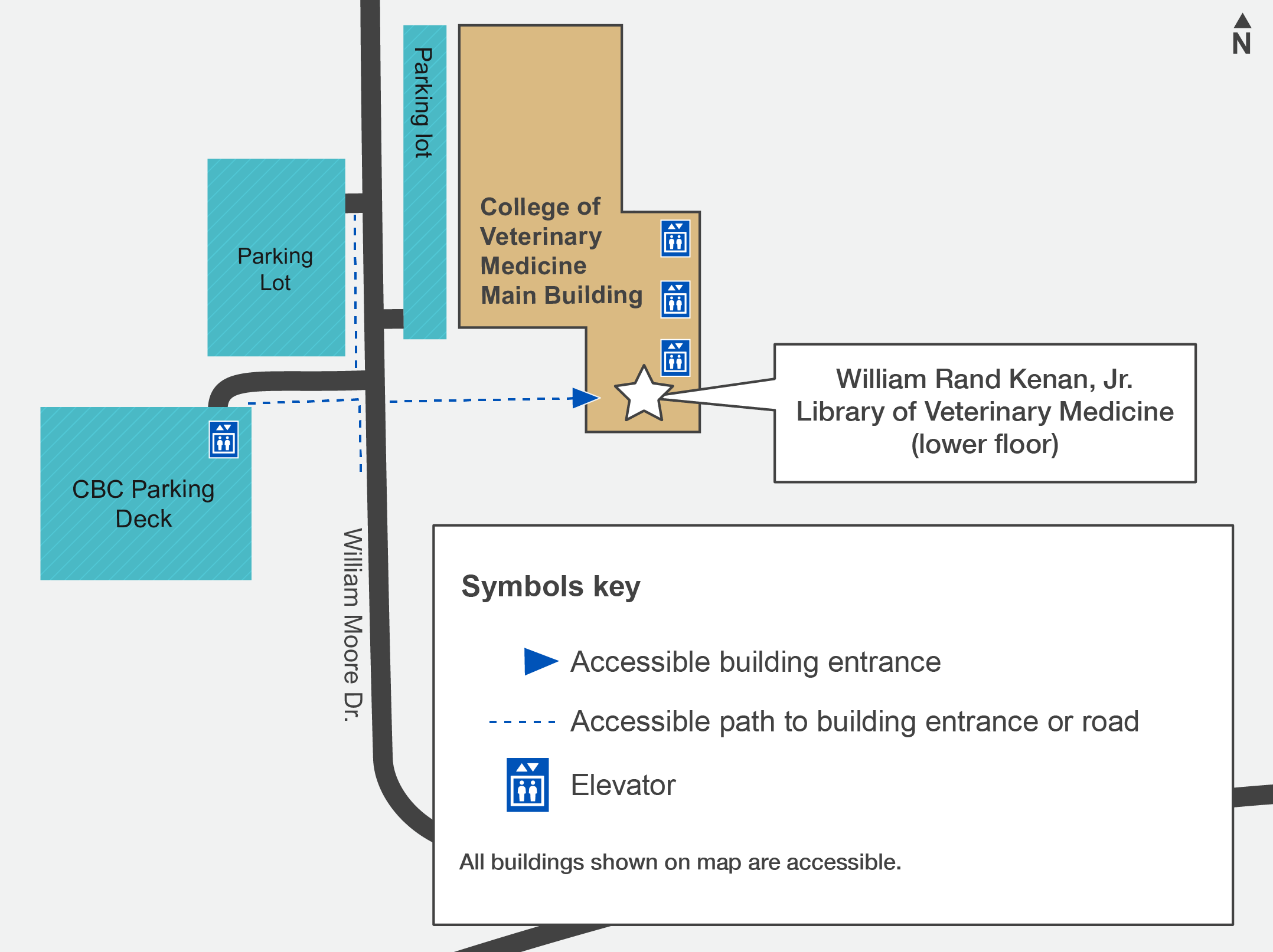 Map of entrance paths. Roads on this campus have accessible sidewalks and ramps. From William Moore Drive, there is an accessible path to the entrance of the College of Veterinary Medicine Main Building, where the VML is located on the lower floor.