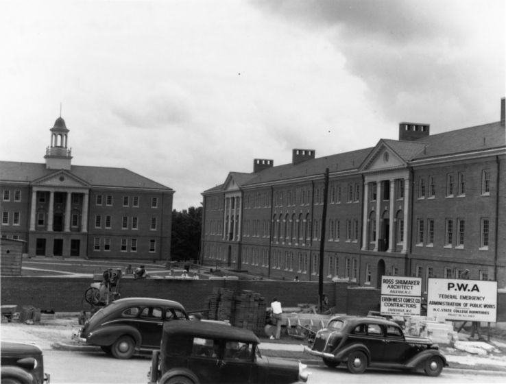 Becton (right) and Berry (left) dormitories, ca. 1939.  Notice the PWA sign on the right.