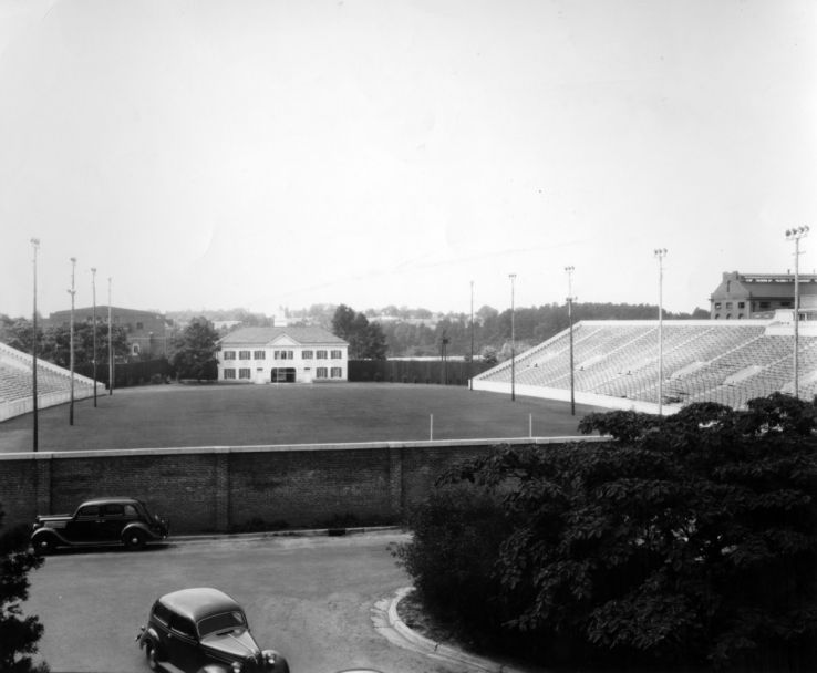 Concrete stands and field house at Riddick Stadium, ca. 1940.  These had subsequently been demolished.