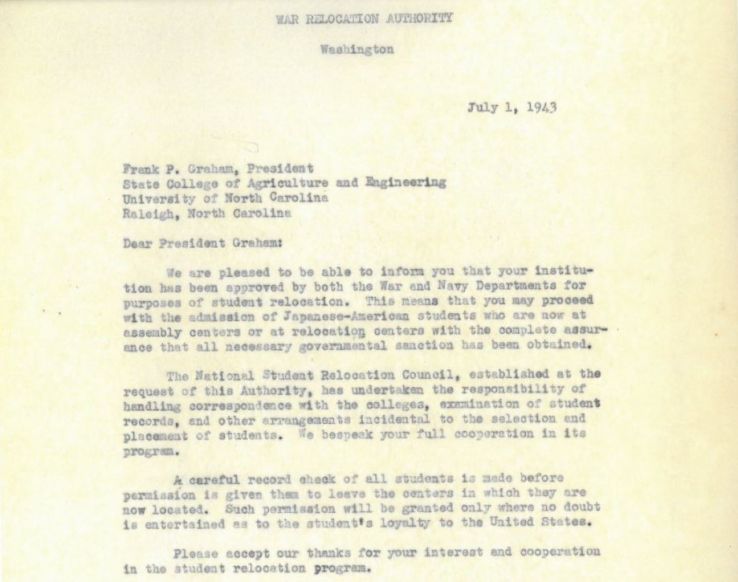 "War Relocation Authority" letter, July 1943