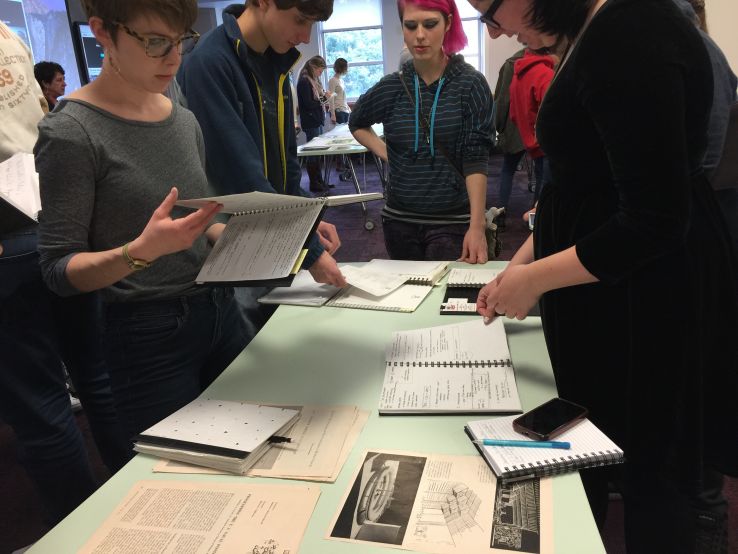 Students in Sara Queen’s 2016 D101: Design Thinking course explore Malecha’s notebooks during a class session with Special Collections.
