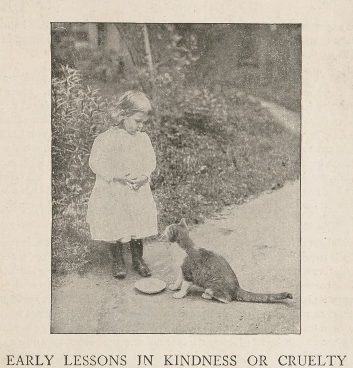 Young child and cat from "Early lessons in kindness or cruelty." From John Ptak Collection of Animal Rights and Animal Welfare Printed Education Materials.