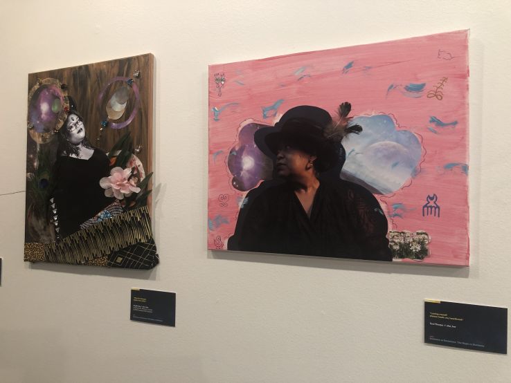 Portraits and artwork of Angela Gay (left), exhibit curator and Assistant Director of the Women’s Center, and Toni Thorpe (right), former Program Coordinator for the African American Cultural Center.