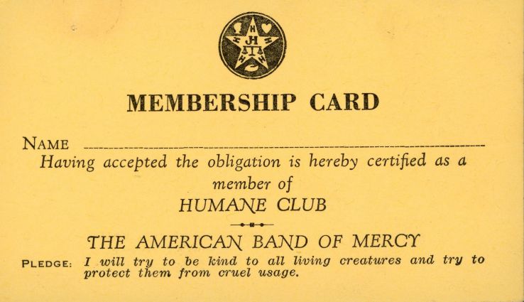 Front of the Humane Club membership card (Box 12, Folder 14)