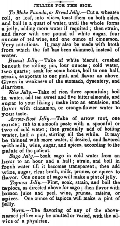 "Jellies for the Sick" recipes from the American Agriculturalist, July 1849, p. 225.