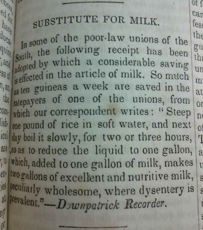 Substitute for Milk article, The Southern Planter, June 1849, p. 165