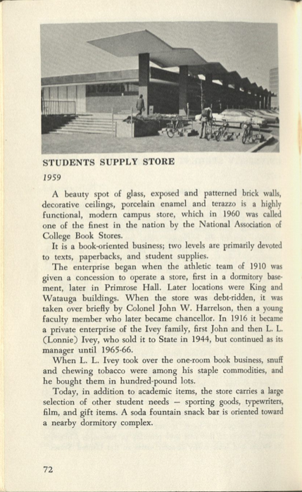 The page on the Student Supply Store in Marguerite Schumann’s Strolling at State. The school tore down the building, which stood near Alexander Hall, in 2011. Schumann included many such photos by NC State photographer Ralph Mills; today they help us visualize buildings that the school has since demolished.