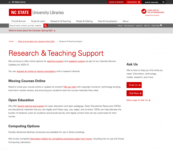 an image of a website page offering Libraries support