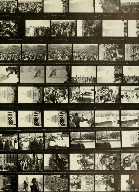 Contact prints of photos taken possibly by NC State's Hal Barker at the Vietnam Moratorium in Washington, DC, 15 Nov. 1969