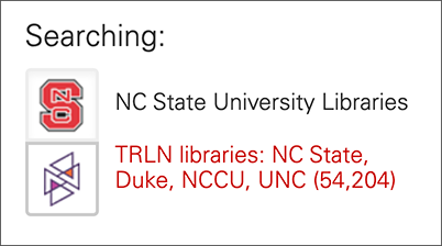 Two clickable features (images and link text) that control whether the page shows results from NC State or TRLN. The NC State view is selected, with black link text and an NC State logo with a gray outline. The TRLN view has red link text with a logo outlined in darker gray.