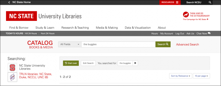 Screenshot of the top of the catalog page, with a search box and options to search NC State University Libraries or TRLN Libraries.