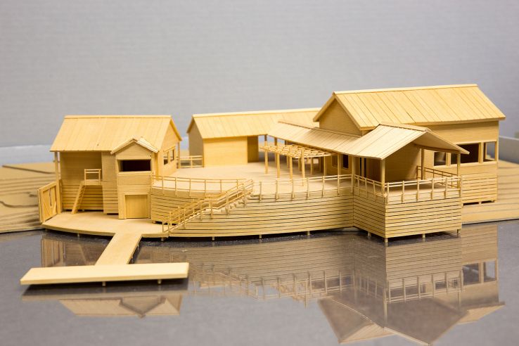 A model of the boathouse and education building at Lake Johnson Park.