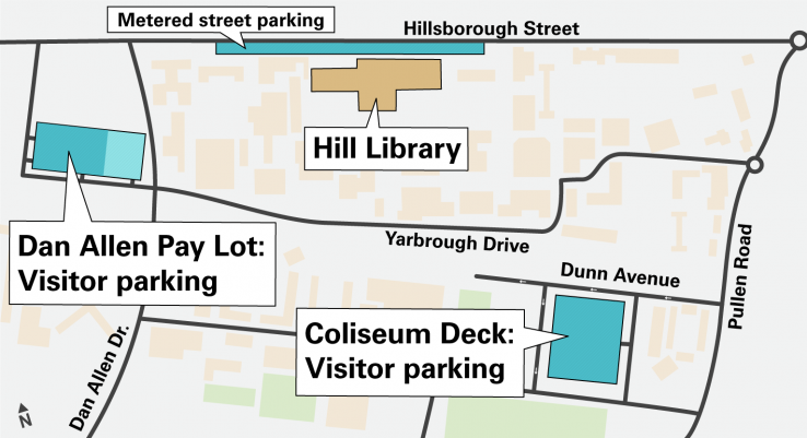 Hill Library with the three closest visitor parking areas: metered street parking on Hillsborough Street, the Dan Allen Pay Lot, and the Coliseum Deck Pay Lot