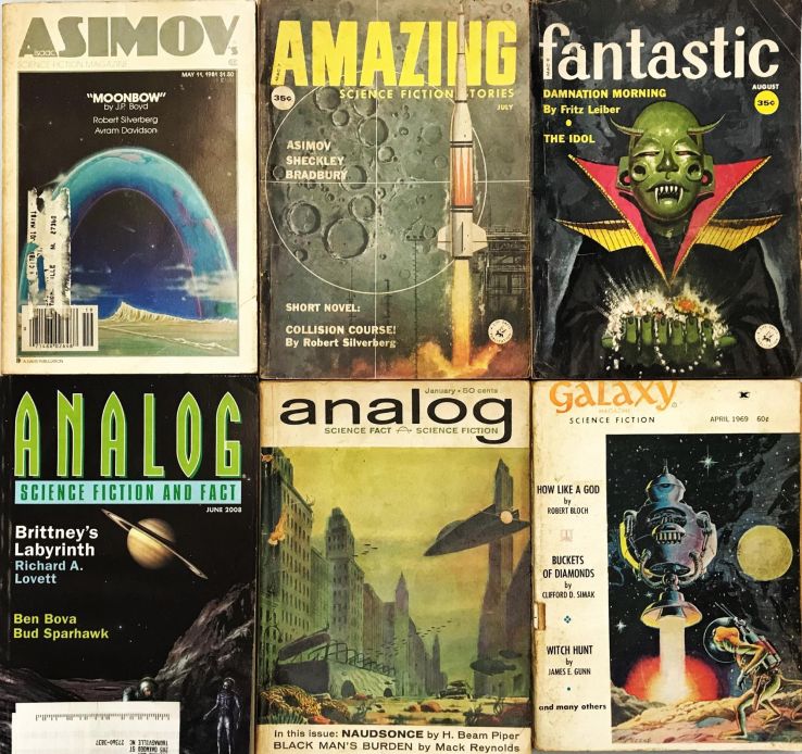 Various issues of Amazing Science Fiction Stories, Analog Science Fiction/Science Fact, Fantastic, Galaxy Magazine, and Isaac Asimov's Science Fiction Magazine